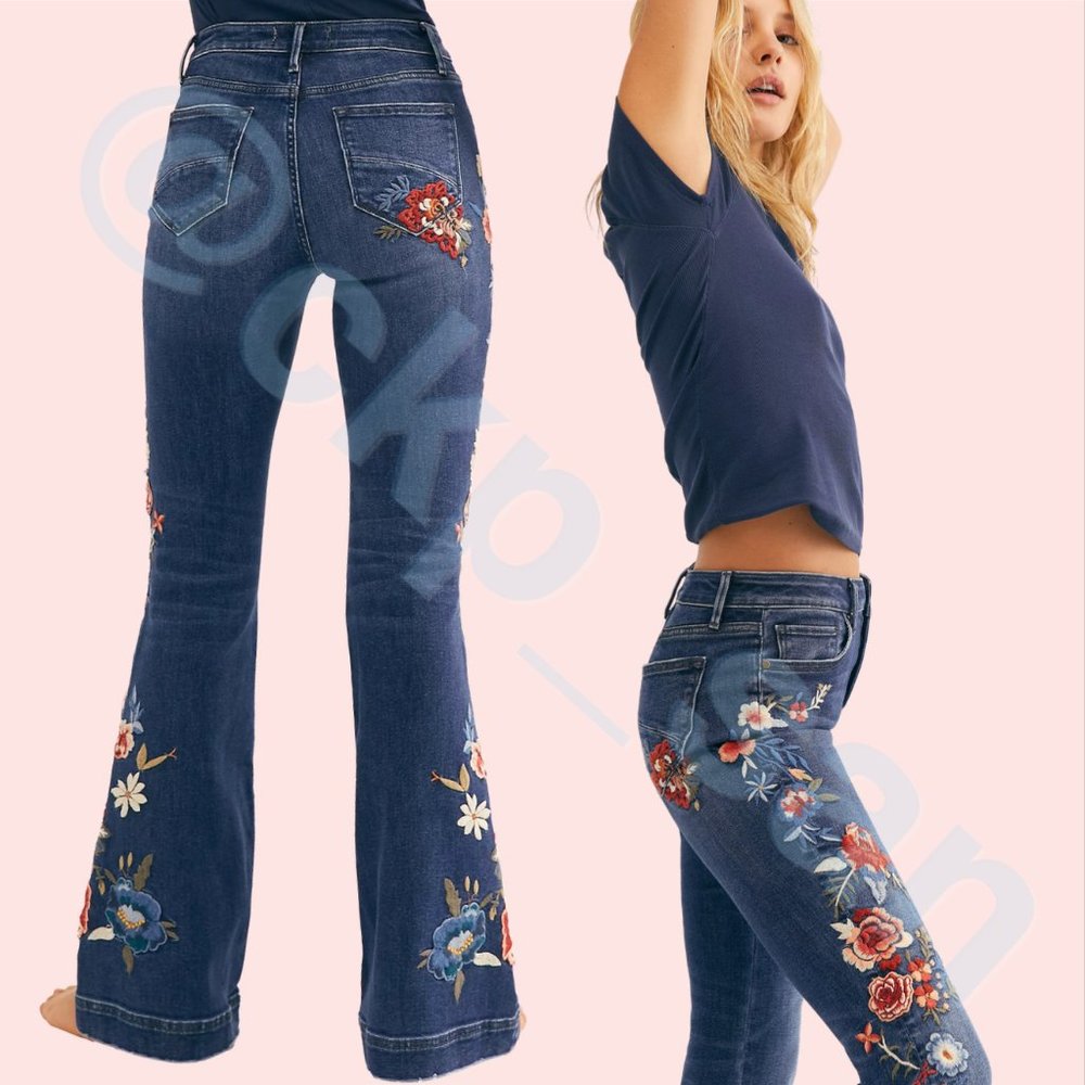 Free People x Driftwood Farrah Embroidered Flare Jeans Sz 28 - Picture 3 of 15